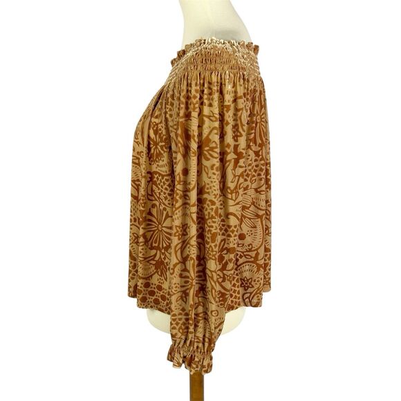 Free People A Little Twist Off The Shoulder Tan Floral Velvet Top Women’s Large - Picture 4 of 13